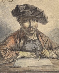 सेल्फ-पोर्ट्रेट स्केचिंग, 1752 (वाटर कलर, पेस्टल, पेन और ब्लैक इंक के साथ काले और लाल चाक)